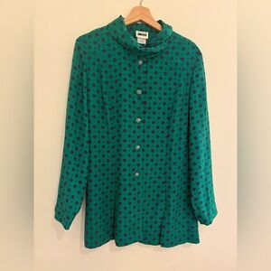 Vintage Leslie Fay Emerald and Black Patterned High Neck Blouse